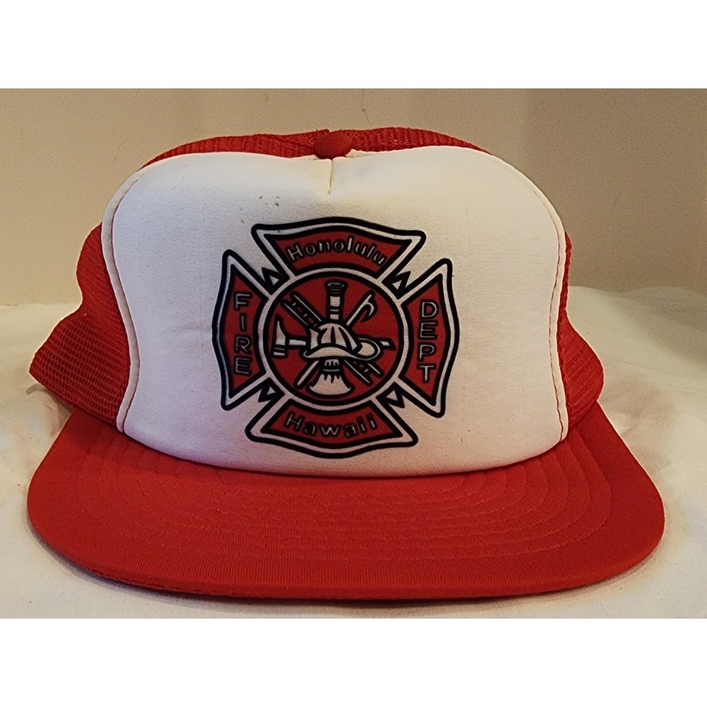 Vtg‎ Honolulu Hawaii Fire Department Snapback Trucker Hat Cap Red 90s